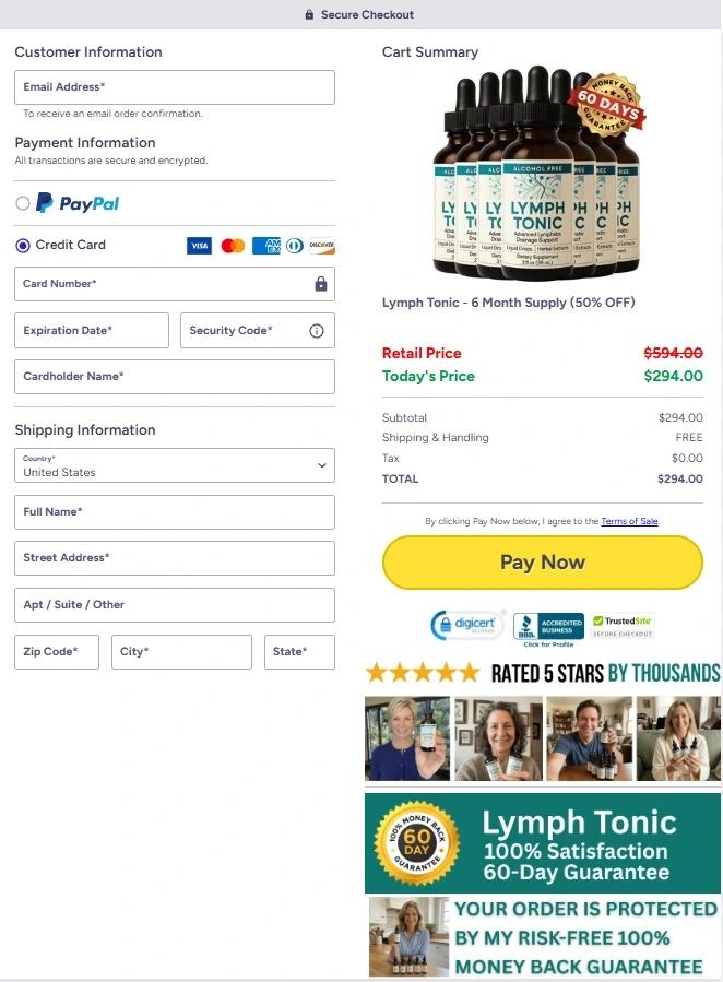 Secure Lymph Tonic checkout page for supplement orders